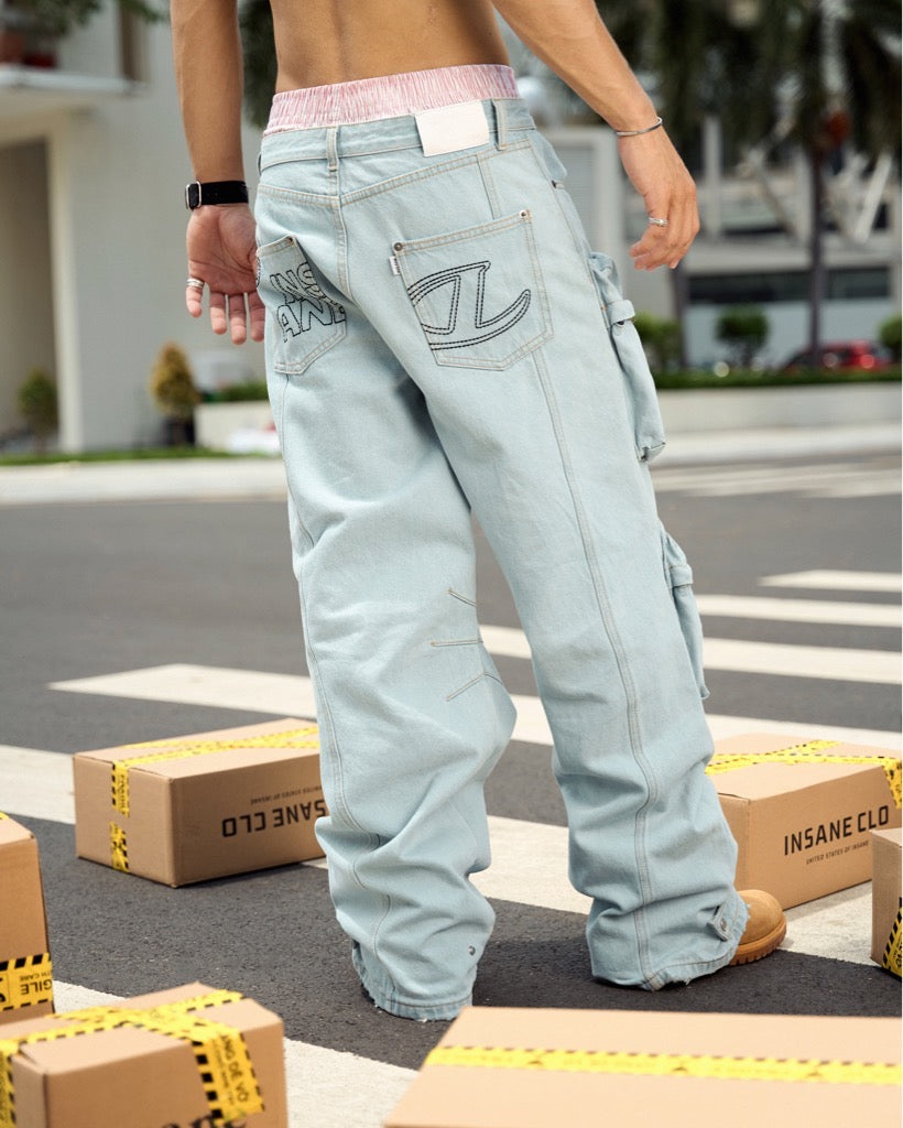 Insane® Cargo Denim Pants - Light Blue